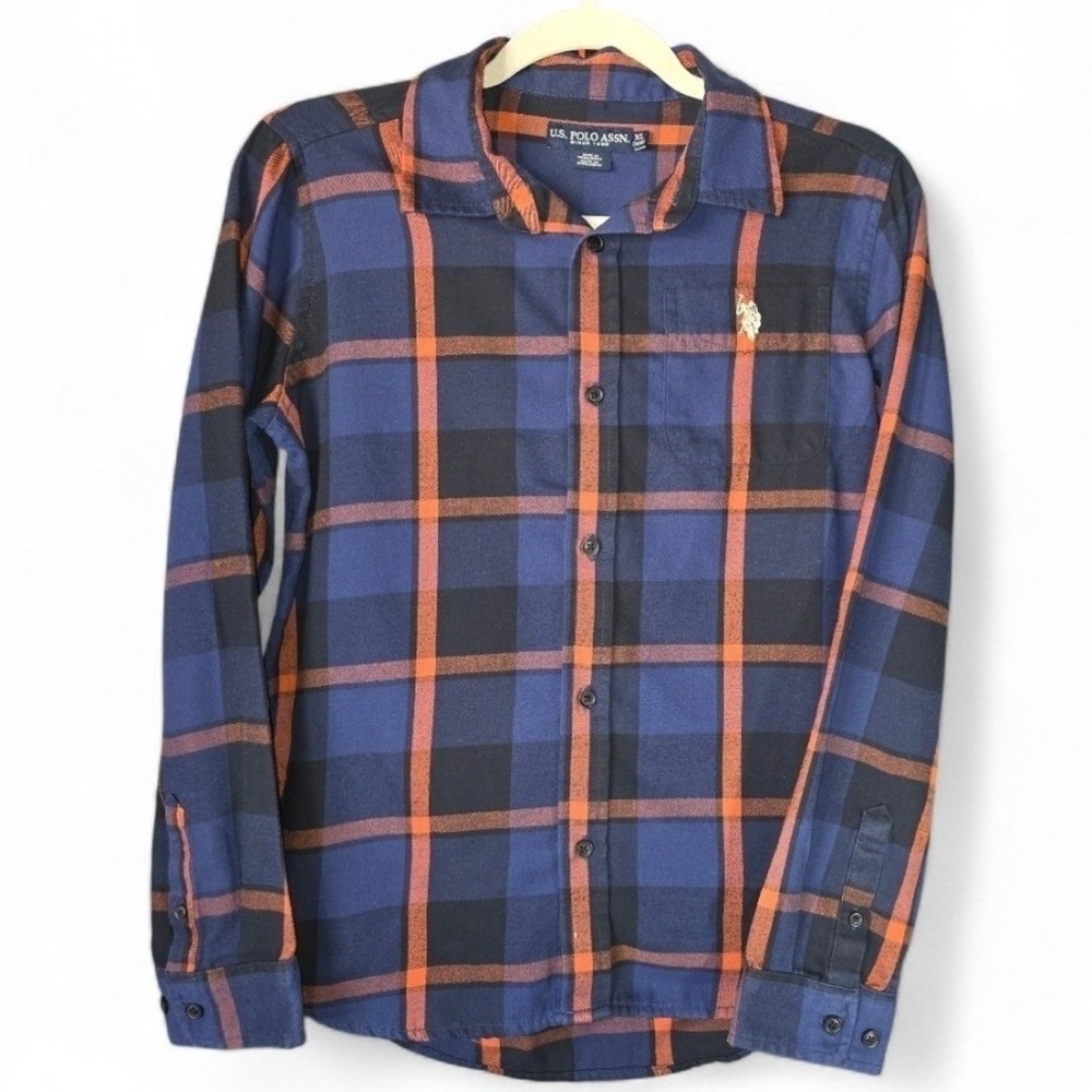 U.S. Polo Assn. Boy's XL (14-16) Blue and Orange Plaid Flannel Button Up Shirt